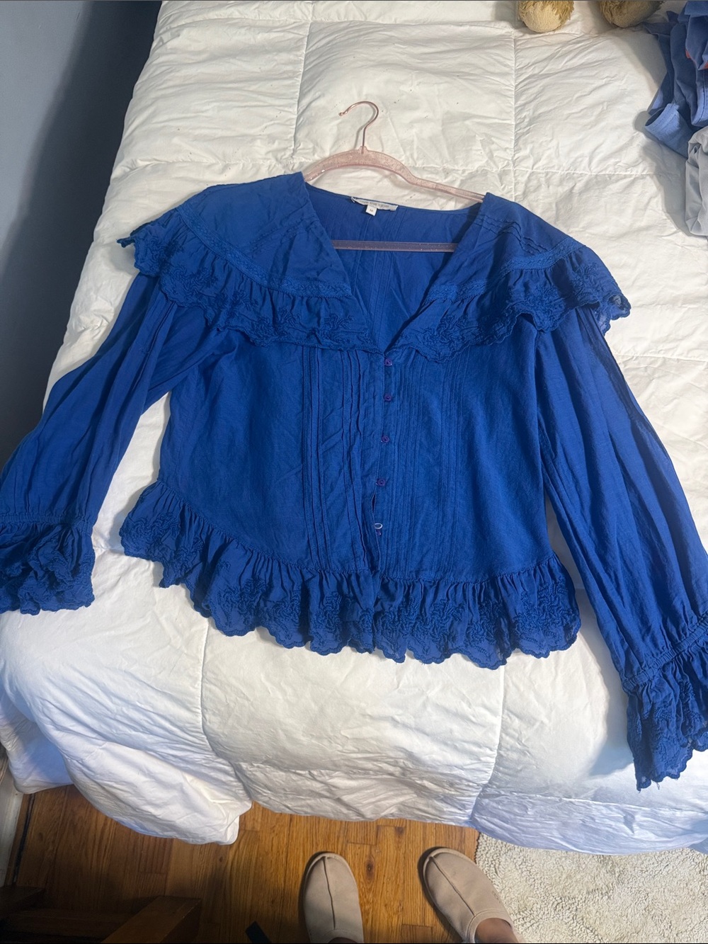 Women's Royal Blue Ruffle-Trim Button Front Blouse
